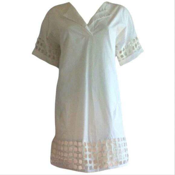 EC ZARA BASIC SHORT SHORT SLEEVE WHITE COTTON DRESS W/ SQUARE LACE SZ.XS - Picture 1 of 6